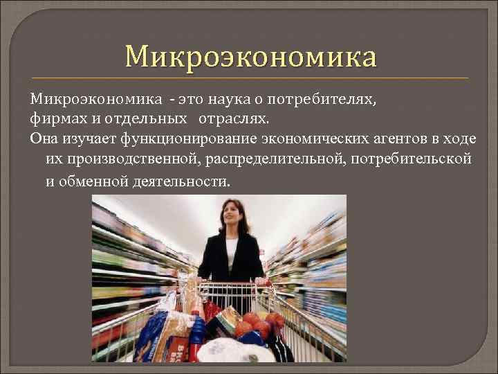 Микроэкономика - это наука о потребителях, фирмах и отдельных отраслях. Она изучает функционирование экономических