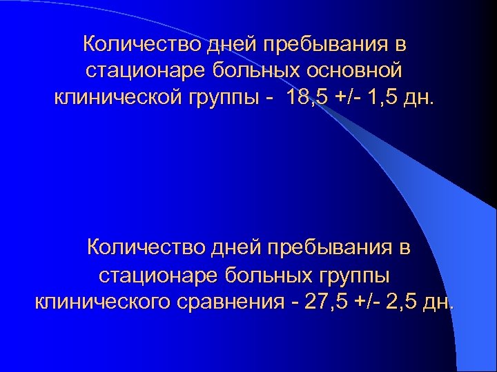 Количество дней пребывания в стационаре больных основной клинической группы - 18, 5 +/- 1,