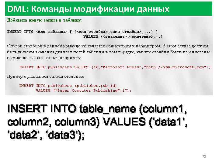 DML: Команды модификации данных INSERT INTO table_name (column 1, column 2, column 3) VALUES