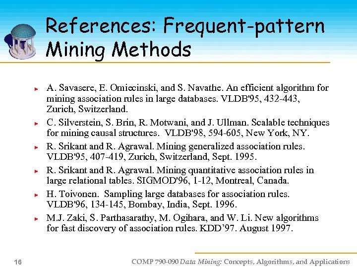 References: Frequent-pattern Mining Methods A. Savasere, E. Omiecinski, and S. Navathe. An efficient algorithm