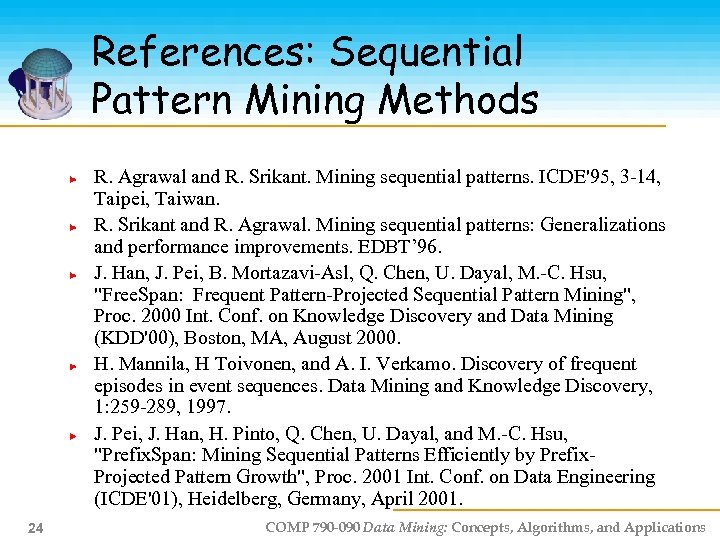 References: Sequential Pattern Mining Methods R. Agrawal and R. Srikant. Mining sequential patterns. ICDE'95,