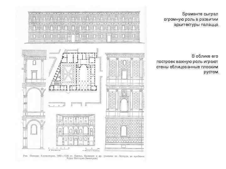 Браманте сыграл огромную роль в развитии архитектуры палаццо. В облике его построек важную роль