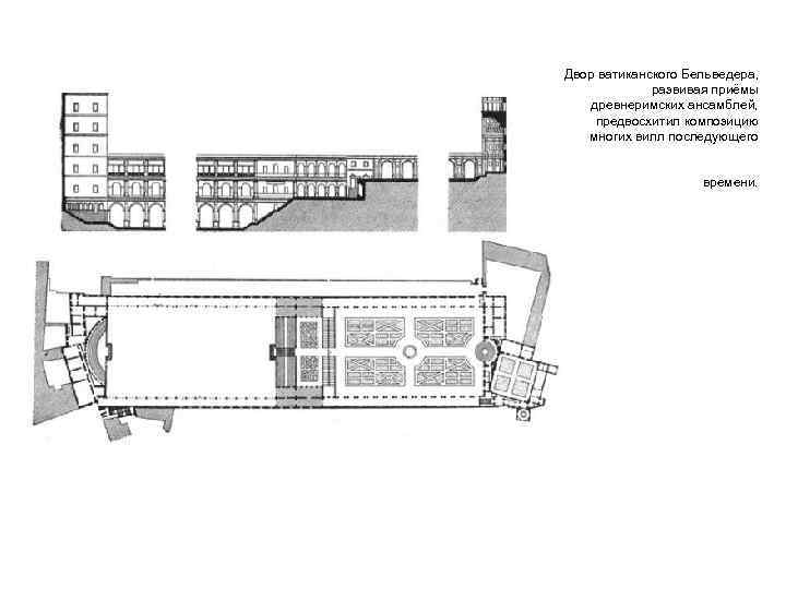 Двор ватиканского Бельведера, развивая приёмы древнеримских ансамблей, предвосхитил композицию многих вилл последующего времени. 