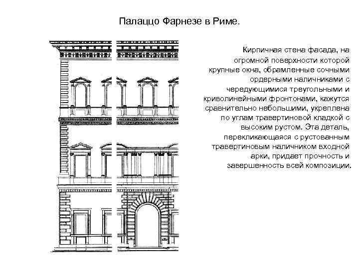 Палаццо Фарнезе в Риме. Кирпичная стена фасада, на огромной поверхности которой крупные окна, обрамленные