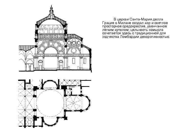В церкви Санта-Мария делла Грацие в Милане создал хор и светлое просторное средокрестие, увенчанное