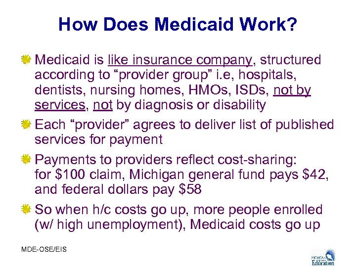 How Does Medicaid Work? Medicaid is like insurance company, structured according to “provider group”