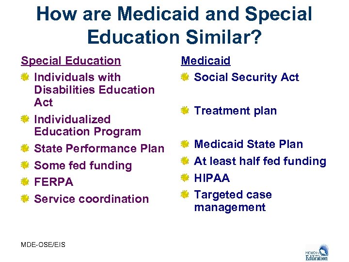 How are Medicaid and Special Education Similar? Special Education Individuals with Disabilities Education Act
