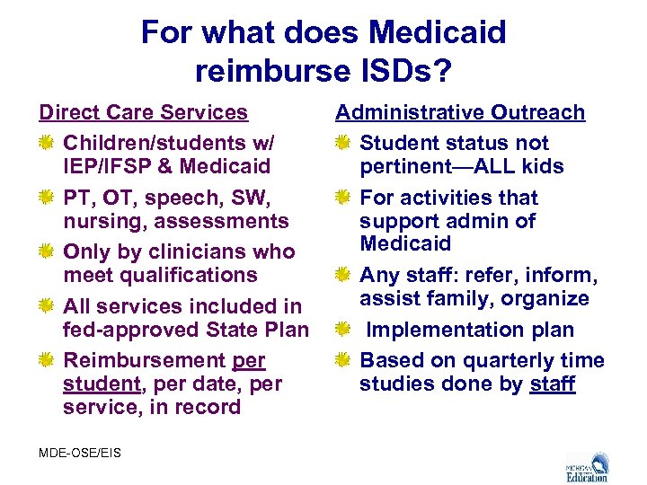 For what does Medicaid reimburse ISDs? Direct Care Services Children/students w/ IEP/IFSP & Medicaid