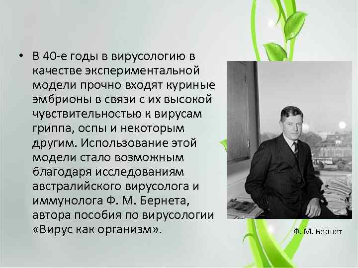  • В 40 -е годы в вирусологию в качестве экспериментальной модели прочно входят