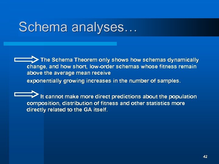 Schema analyses… The Schema Theorem only shows how schemas dynamically change, and how short,