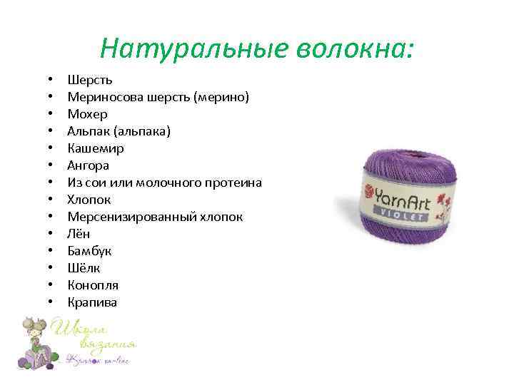 Натуральные волокна: • • • • Шерсть Мериносова шерсть (мерино) Мохер Альпак (альпака) Кашемир
