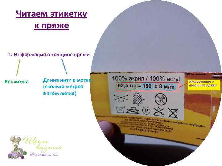 Читаем этикетку к пряже 1. Информация о толщине пряжи Вес мотка Длина нити в