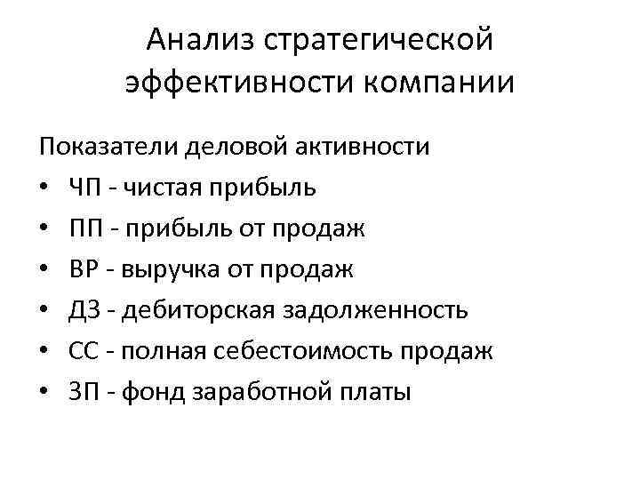 Анализ стратегической эффективности компании Показатели деловой активности • ЧП - чистая прибыль • ПП