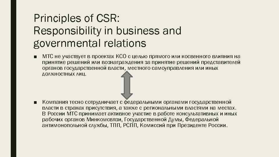 Principles of CSR: Responsibility in business and governmental relations ■ МТС не участвует в