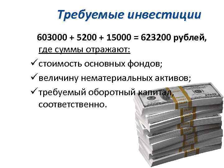 Требуемые инвестиции 603000 + 5200 + 15000 = 623200 рублей, где суммы отражают: ü