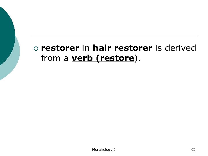 ¡ restorer in hair restorer is derived from a verb (restore). Morphology 1 62