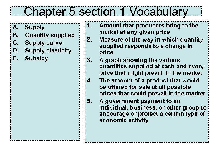 Chapter 5 section 1 Vocabulary A. B. C. D. E. Supply Quantity supplied Supply