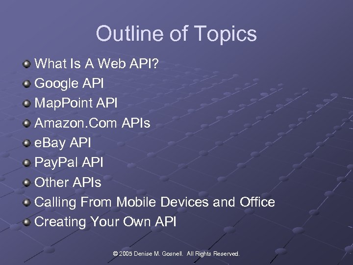 Outline of Topics What Is A Web API? Google API Map. Point API Amazon.