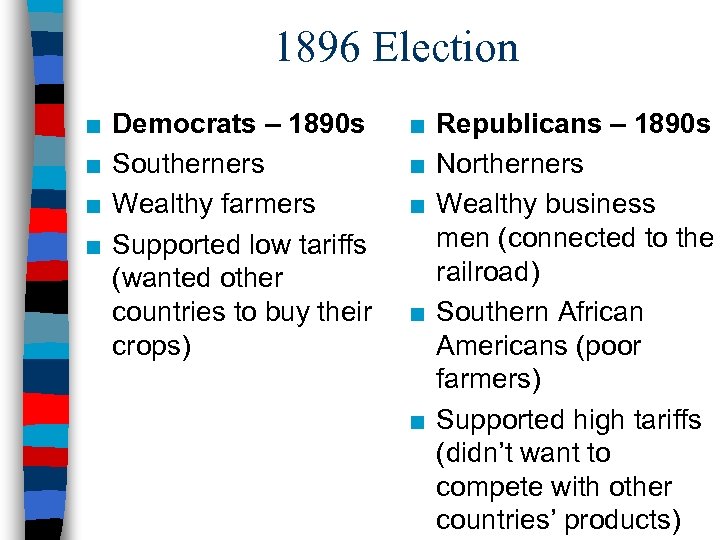1896 Election ■ ■ Democrats – 1890 s Southerners Wealthy farmers Supported low tariffs