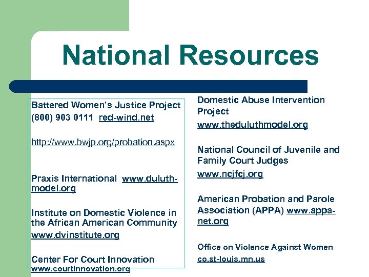 National Resources Battered Women’s Justice Project (800) 903 0111 red-wind. net http: //www. bwjp.