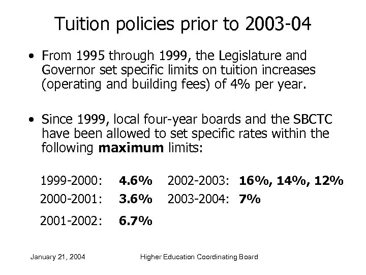 Tuition policies prior to 2003 -04 • From 1995 through 1999, the Legislature and