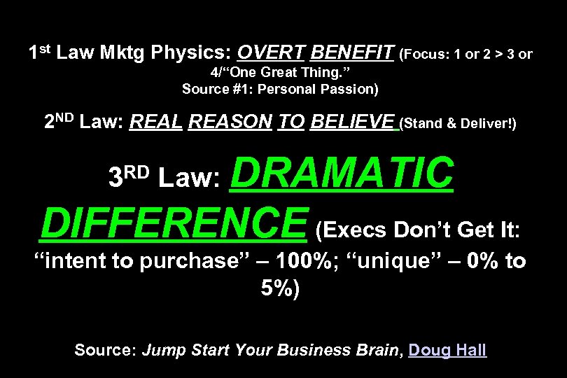 1 st Law Mktg Physics: OVERT BENEFIT (Focus: 1 or 2 > 3 or