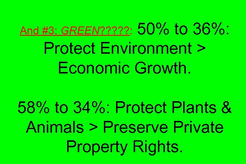 50% to 36%: Protect Environment > Economic Growth. And #3: GREEN? ? ? :