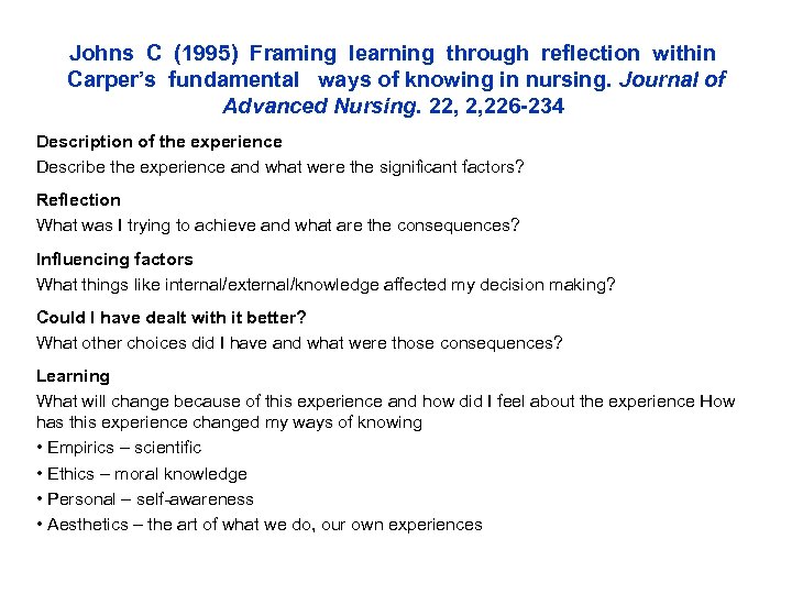 Johns C (1995) Framing learning through reflection within Carper’s fundamental ways of knowing in