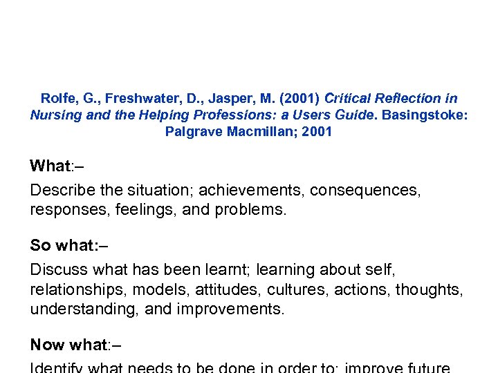 Rolfe, G. , Freshwater, D. , Jasper, M. (2001) Critical Reflection in Nursing and