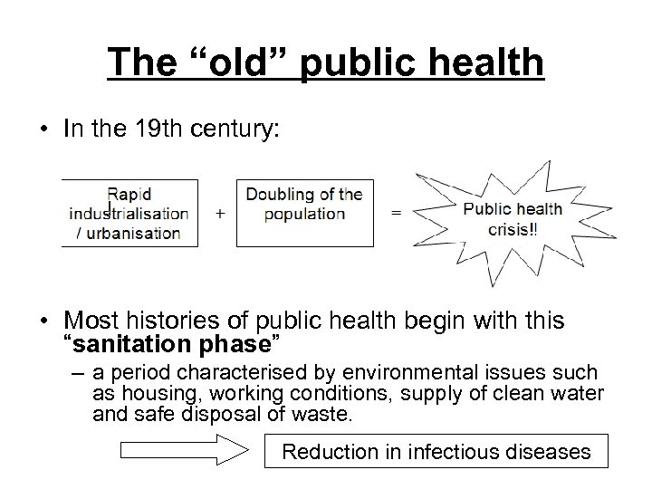 The “old” public health • In the 19 th century: • Most histories of