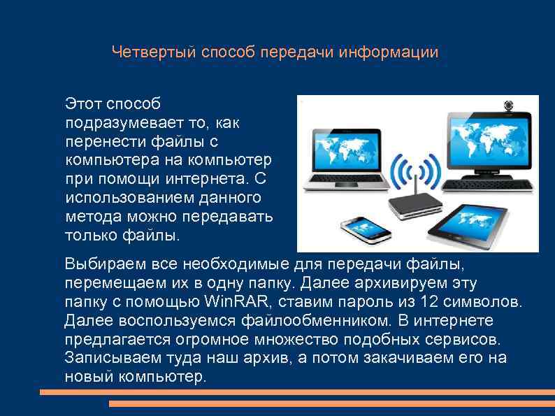 Четвертый способ передачи информации Этот способ подразумевает то, как перенести файлы с компьютера на