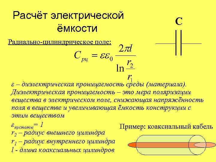 Расчёт электрической ёмкости C Радиально-цилиндрическое поле: ε – диэлектрическая проницаемость среды (материала). Диэлектрическая проницаемость