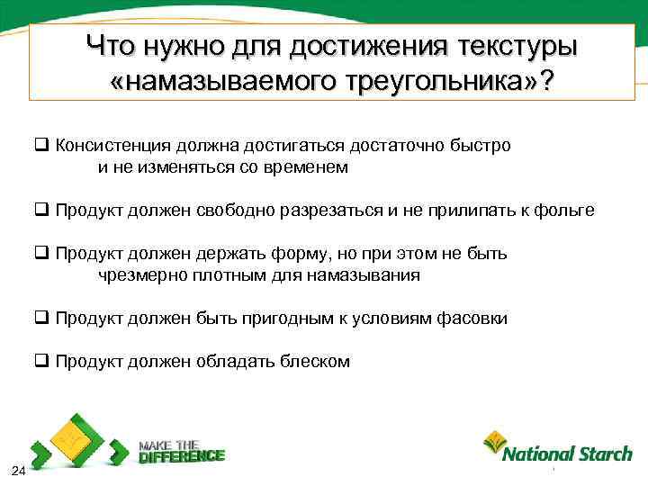 Что нужно для достижения текстуры «намазываемого треугольника» ? q Консистенция должна достигаться достаточно быстро