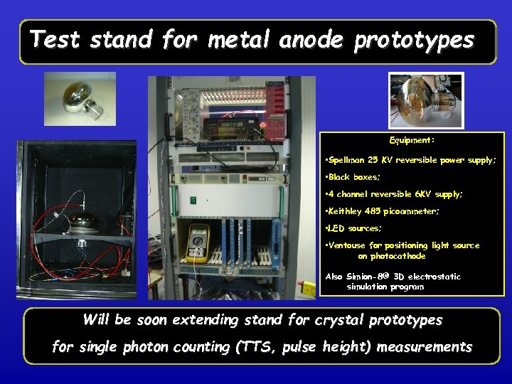 Test stand for metal anode prototypes Equipment: • Spellman 25 KV reversible power supply;