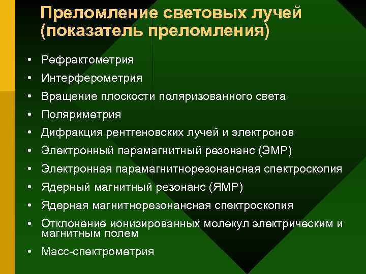 Преломление световых лучей (показатель преломления) • Рефрактометрия • Интерферометрия • Вращение плоскости поляризованного света