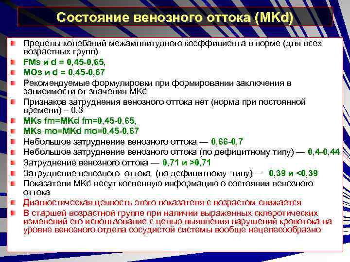 Состояние венозного оттока (MKd) Пределы колебаний межамплитудного коэффициента в норме (для всех возрастных групп)