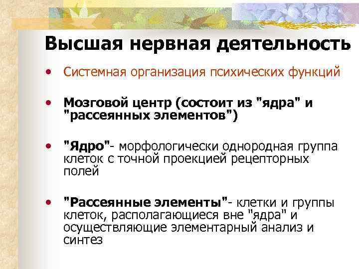 Высшая нервная деятельность • Системная организация психических функций • Мозговой центр (состоит из 