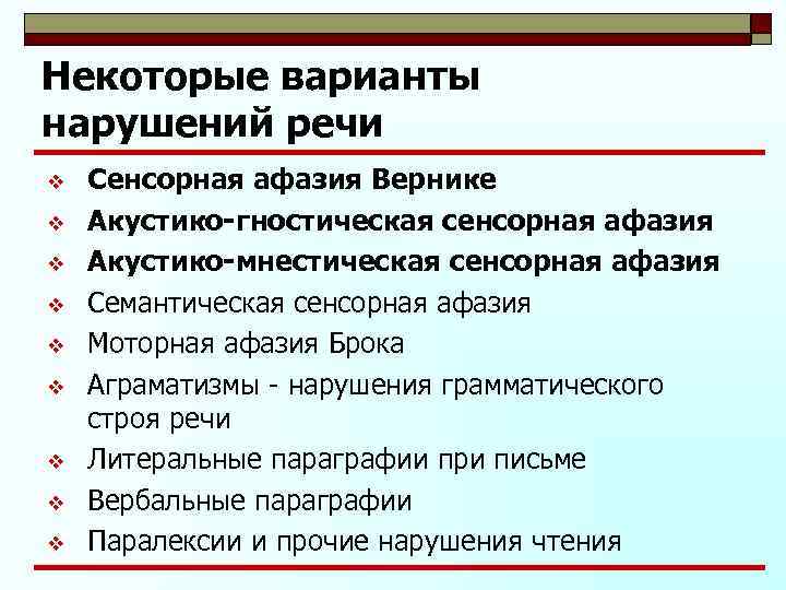 Некоторые варианты нарушений речи v v v v v Сенсорная афазия Вернике Акустико-гностическая сенсорная