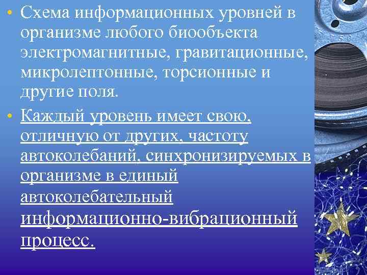  • Схема информационных уровней в организме любого биообъекта электромагнитные, гравитационные, микролептонные, торсионные и
