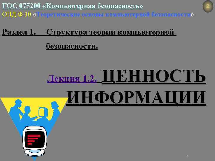 ГОС 075200 «Компьютерная безопасность» 2 ОПД. Ф. 10 «Теоретические основы компьютерной безопасности» Раздел 1.