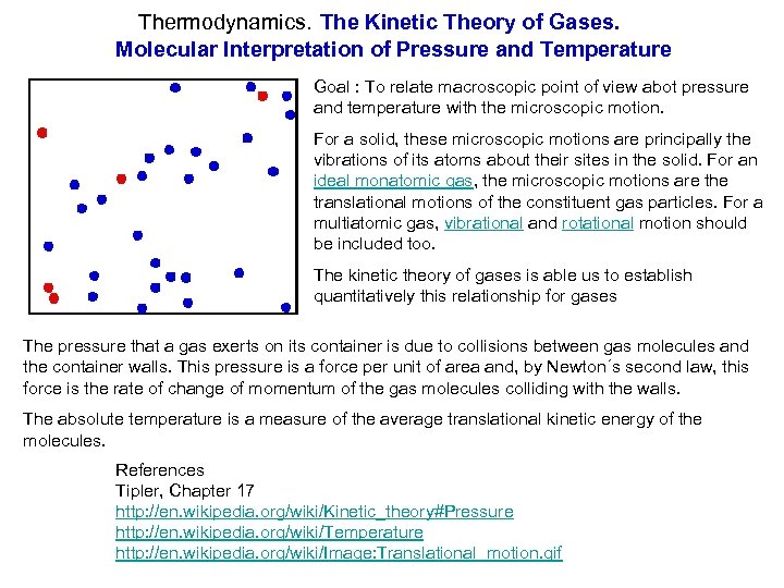 Thermodynamics. The Kinetic Theory of Gases. Molecular Interpretation of Pressure and Temperature Goal :