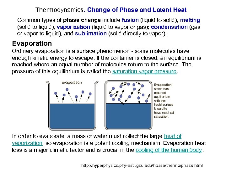 Thermodynamics. Change of Phase and Latent Heat Common types of phase change include fusion