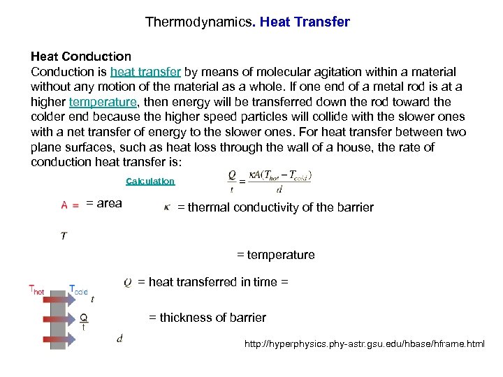 Thermodynamics. Heat Transfer Heat Conduction is heat transfer by means of molecular agitation within