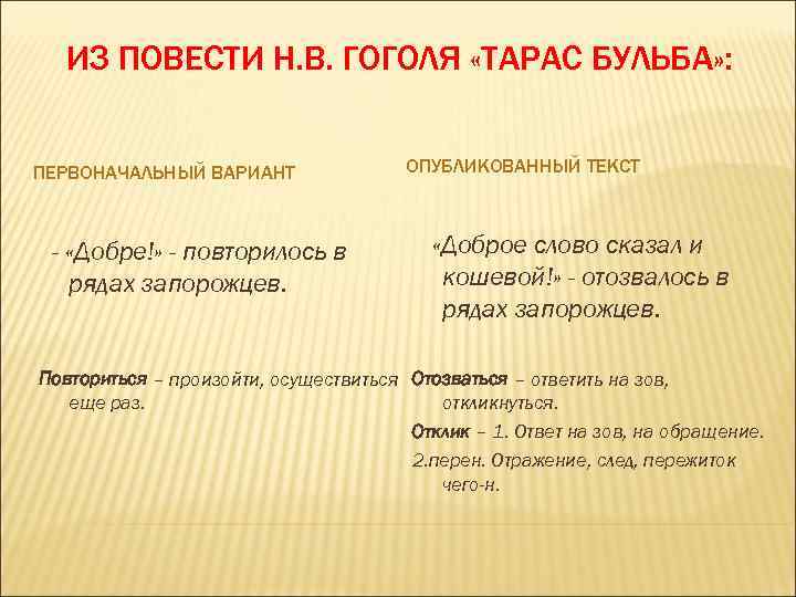 ИЗ ПОВЕСТИ Н. В. ГОГОЛЯ «ТАРАС БУЛЬБА» : ПЕРВОНАЧАЛЬНЫЙ ВАРИАНТ - «Добре!» - повторилось