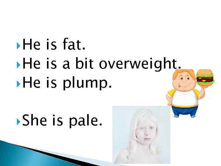  He is fat. He is a bit overweight. He is plump. She is