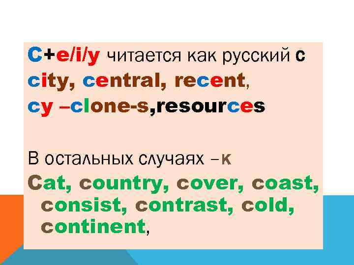 С+e/i/y читается как русский c сity, central, recent, cy –clone-s, resources В остальных случаях