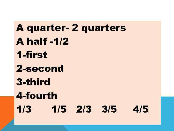 A quarter- 2 quarters A half -1/2 1 -first 2 -second 3 -third 4