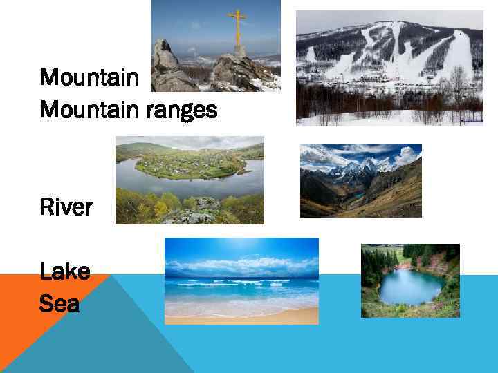 Mountain ranges River Lake Sea 