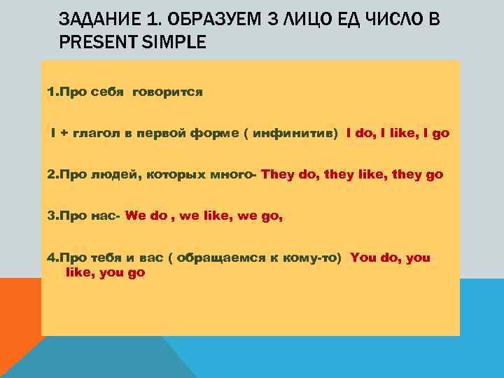 ЗАДАНИЕ 1. ОБРАЗУЕМ 3 ЛИЦО ЕД ЧИСЛО В PRESENT SIMPLE 1. Про себя говорится