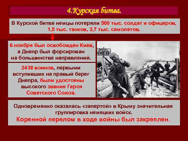 4. Курская битва. В Курской битве немцы потеряли 500 тыс. солдат и офицеров, 1,